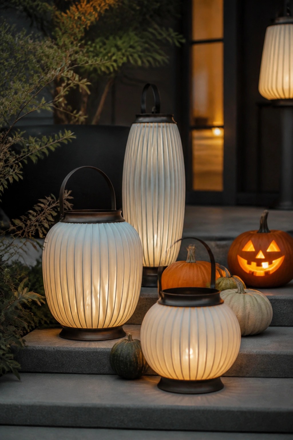 Outdoor house steps lined with glowing ribbed lanterns of different sizes next to small pumpkins and one carved jack o lantern.