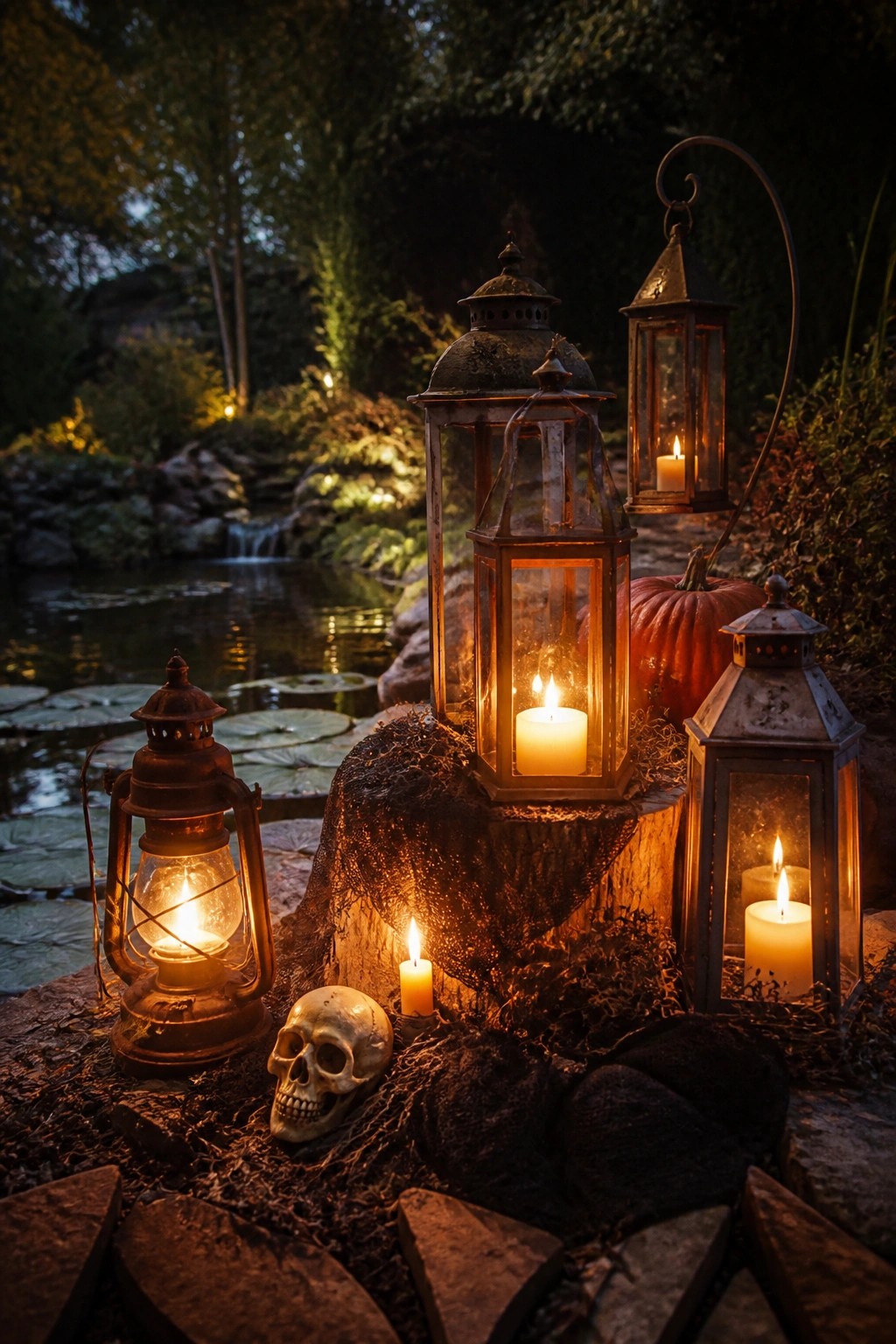 Outdoor garden scene with several lit vintage lanterns clustered on rocks and a tree stump beside a pond, a skull and spiderweb at the base, and a pumpkin nearby.