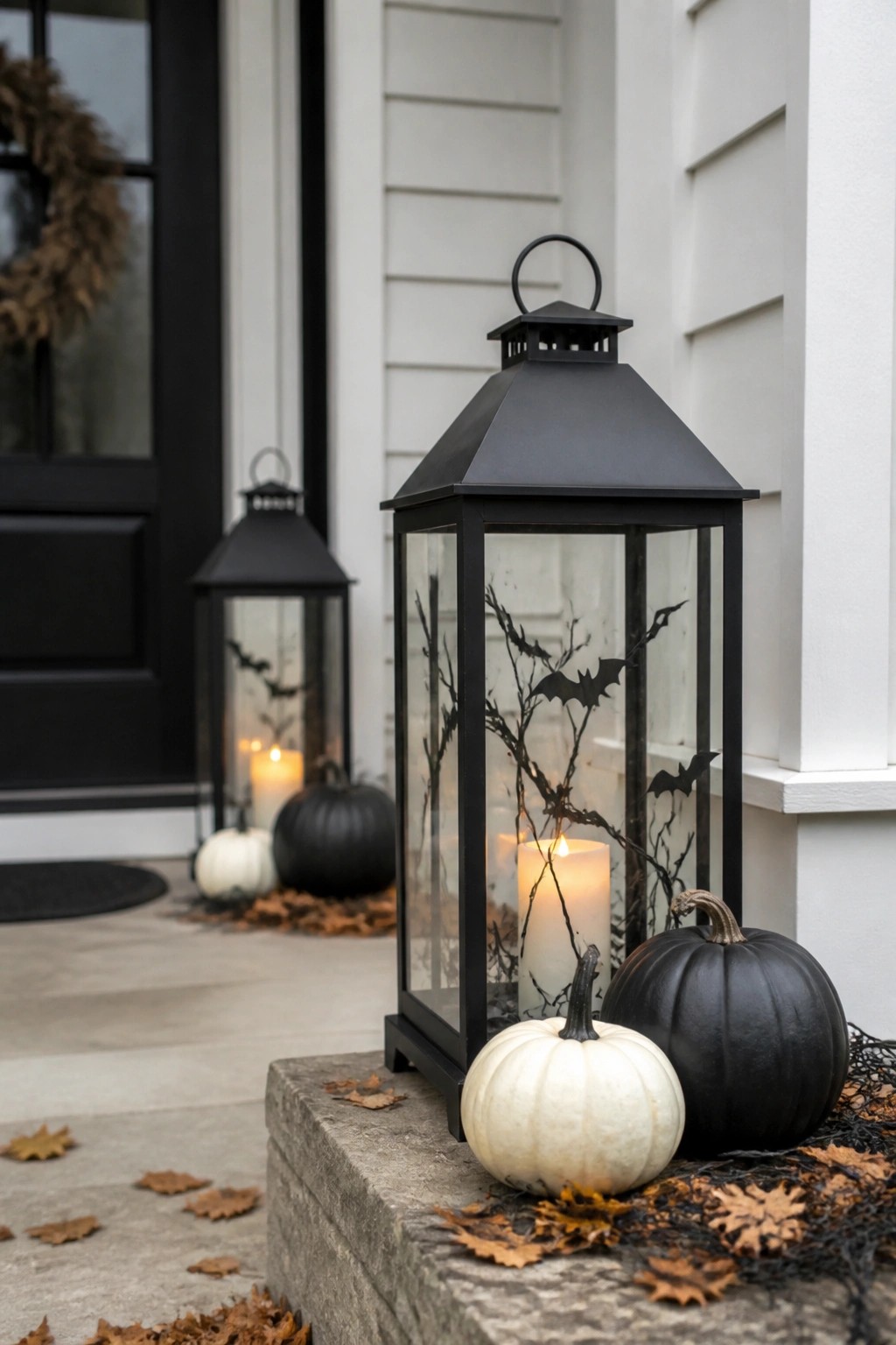 Black lanterns with bats beside black and white pumpkins on leaf-covered step.