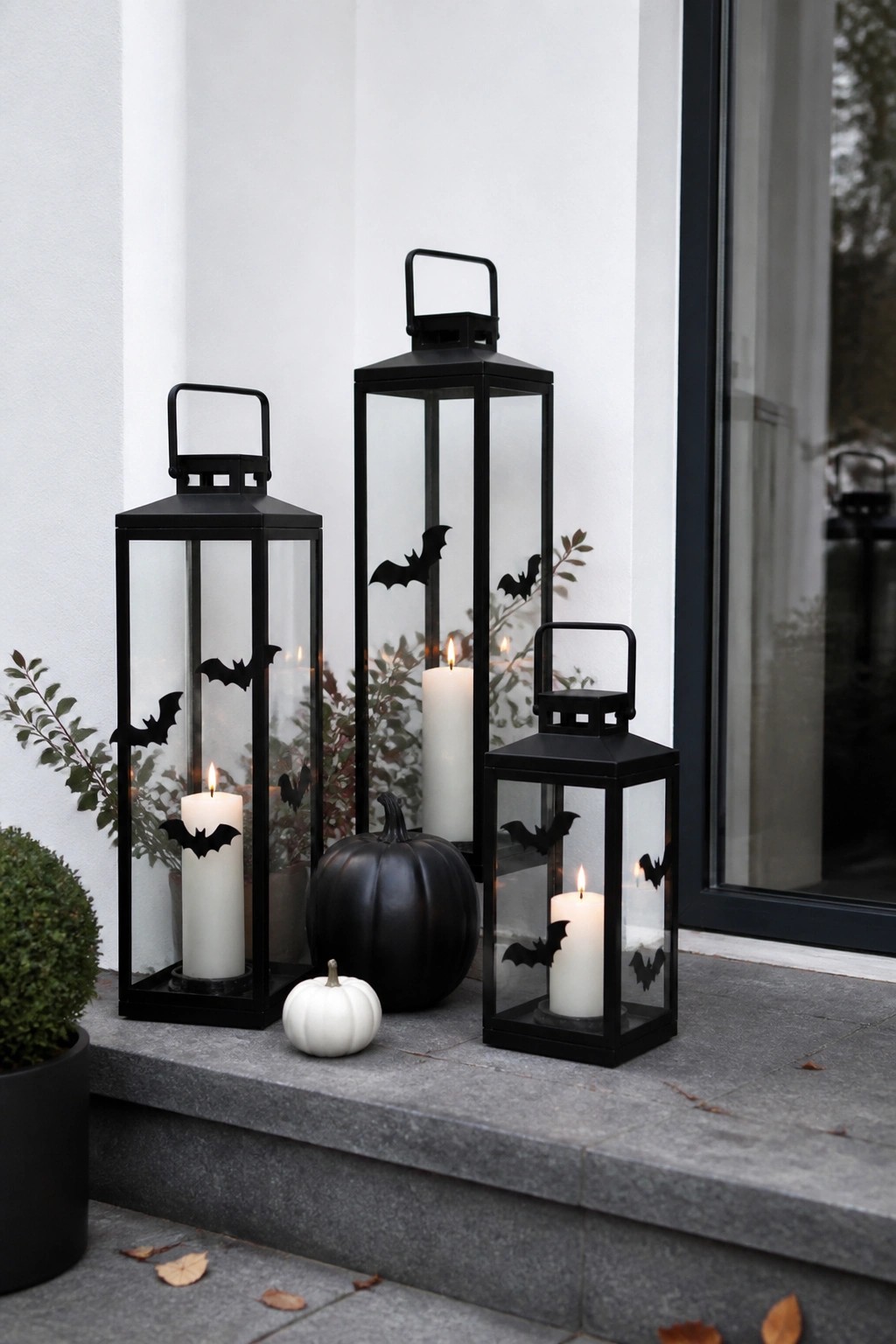 Three black lanterns with bat cutouts and lit candles beside pumpkins on steps