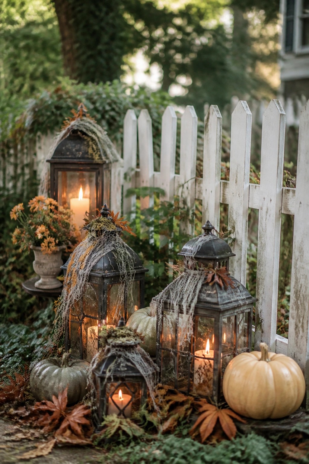 Several weathered black lanterns wrapped in fake spiderwebs and lit with candles sit on the ground beside pumpkins and autumn leaves next to a white picket fence.