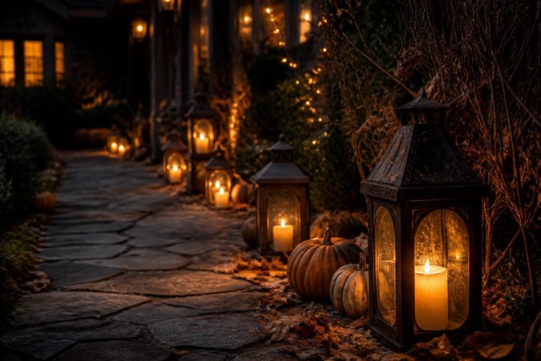 A cobblestone garden path lined with dark metal lanterns on posts, each holding a lit candle, with pumpkins placed along the edges at dusk.