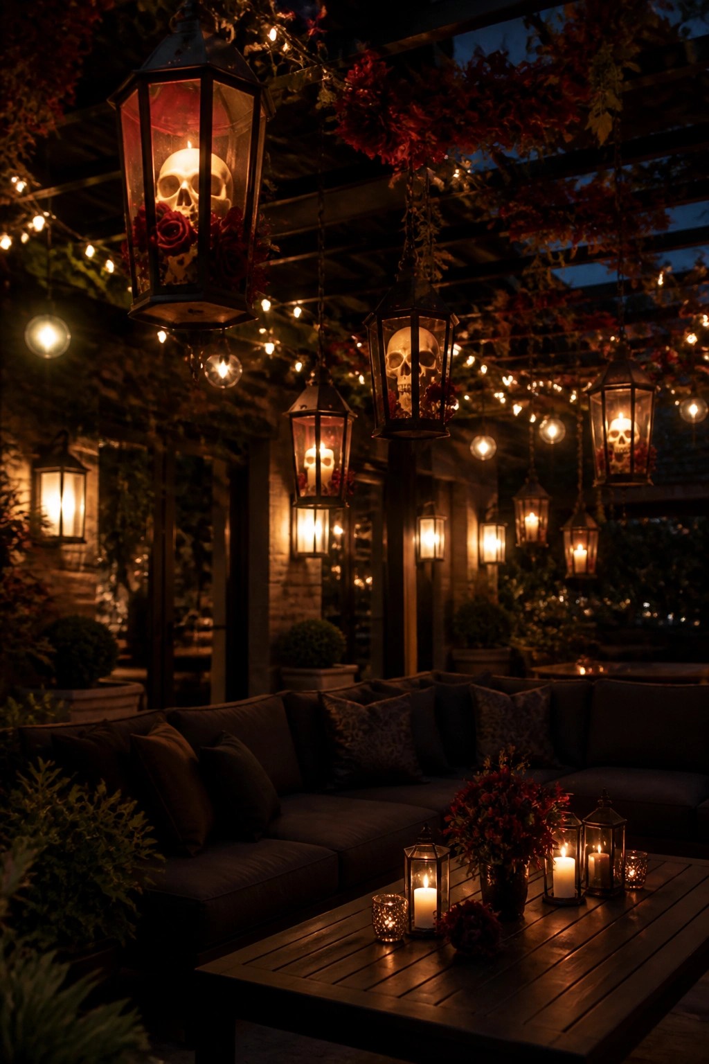Covered outdoor patio at night with multiple black lanterns hanging from the ceiling, each containing a skull and red flowers, surrounded by string lights and dark seating.