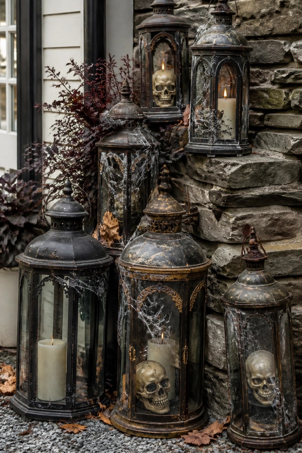 Vintage black lanterns with skulls, candles and spiderwebs on stone steps