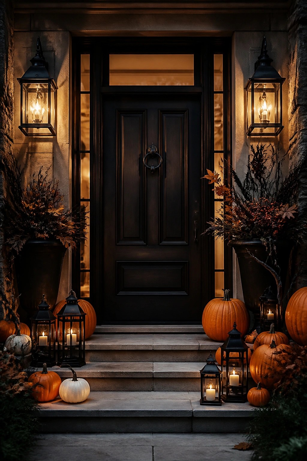 Stone steps lined with glowing lanterns, pumpkins, and autumn foliage at a dark door.