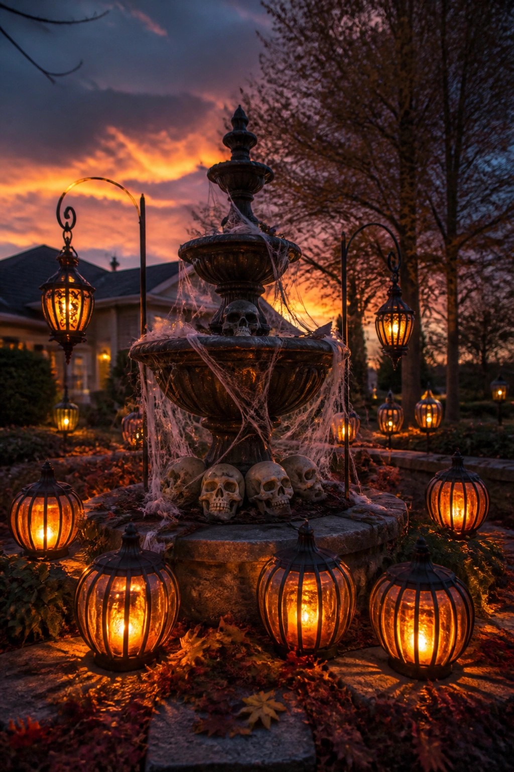 Stone fountain decorated with skulls and spiderwebs, ringed by glowing black metal lanterns at dusk.