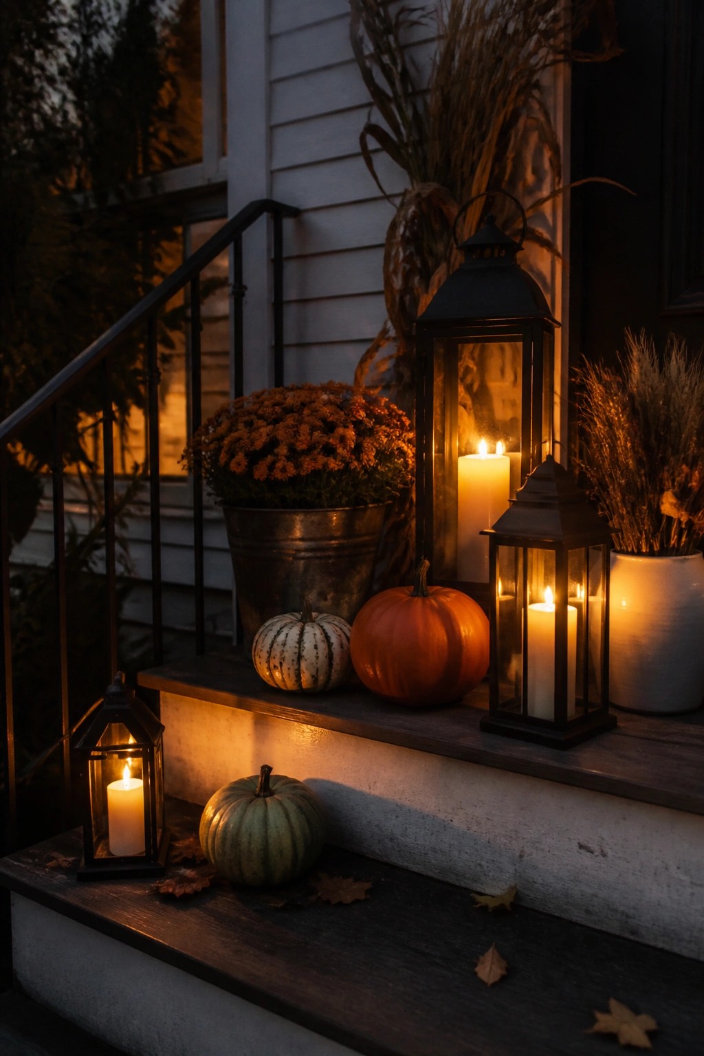 Front porch steps lined with black metal lanterns holding lit candles, alongside orange and green pumpkins and potted mums.
