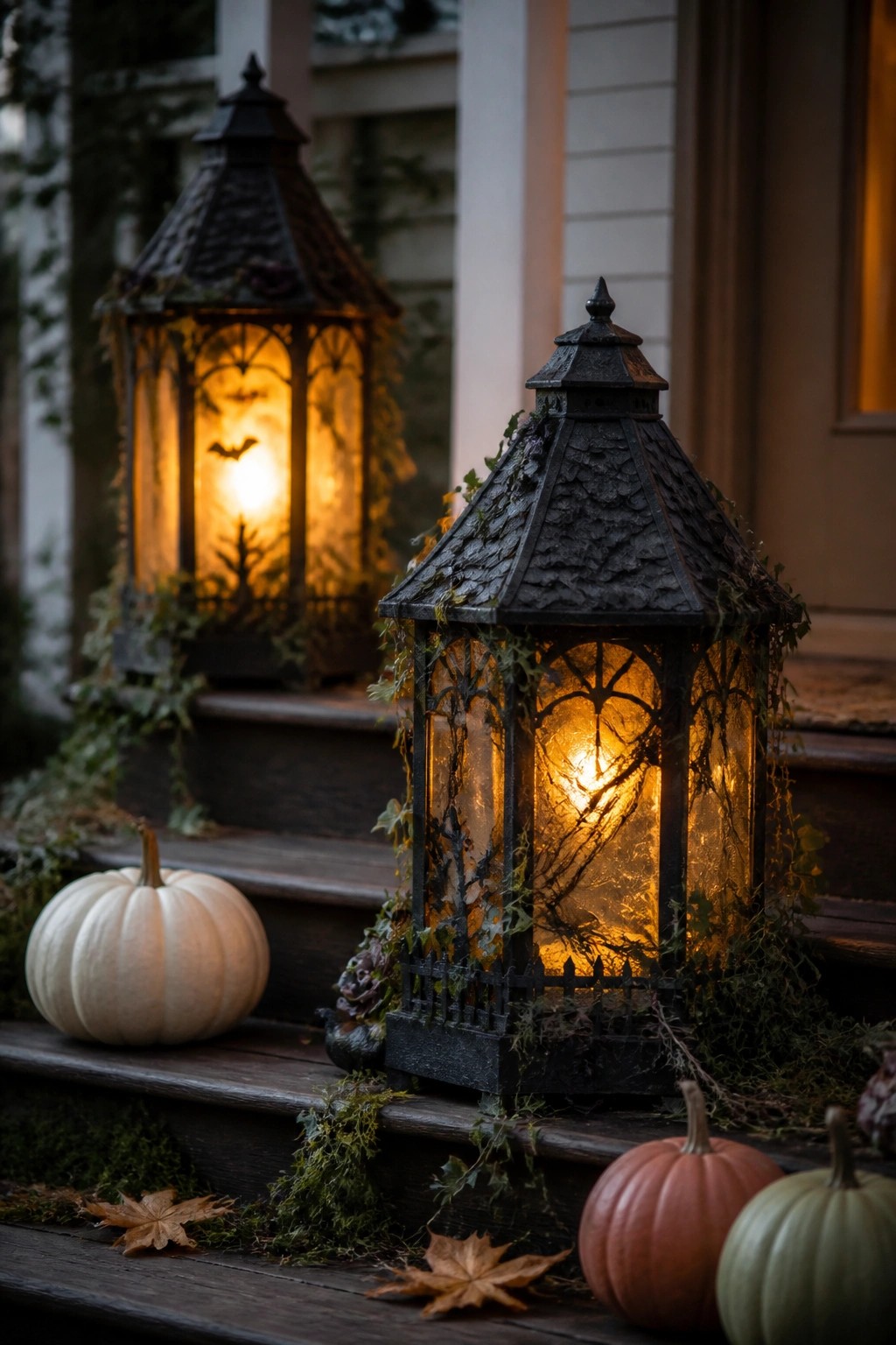 Glowing gothic lanterns with vines and pumpkins on wooden porch steps at dusk