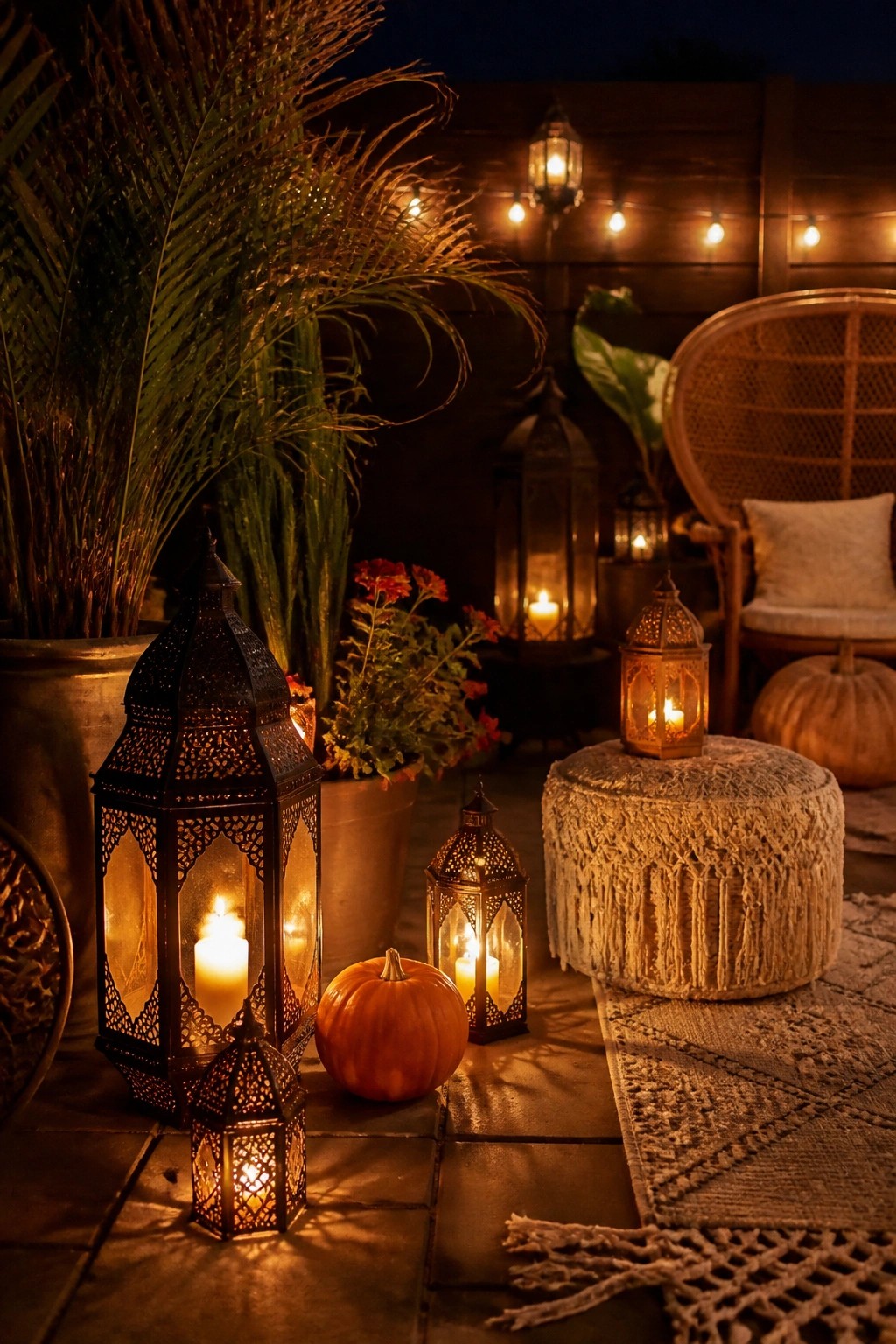 Outdoor patio with several lit black metal lanterns of different sizes placed around small orange pumpkins on stone tiles next to a macrame stool.