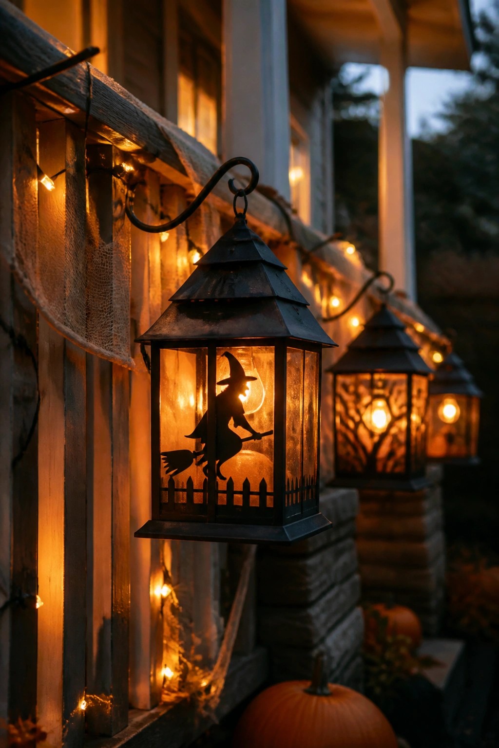 Black metal lanterns with witch on broomstick cutouts hanging on a wooden house porch at dusk with string lights and pumpkins visible nearby.