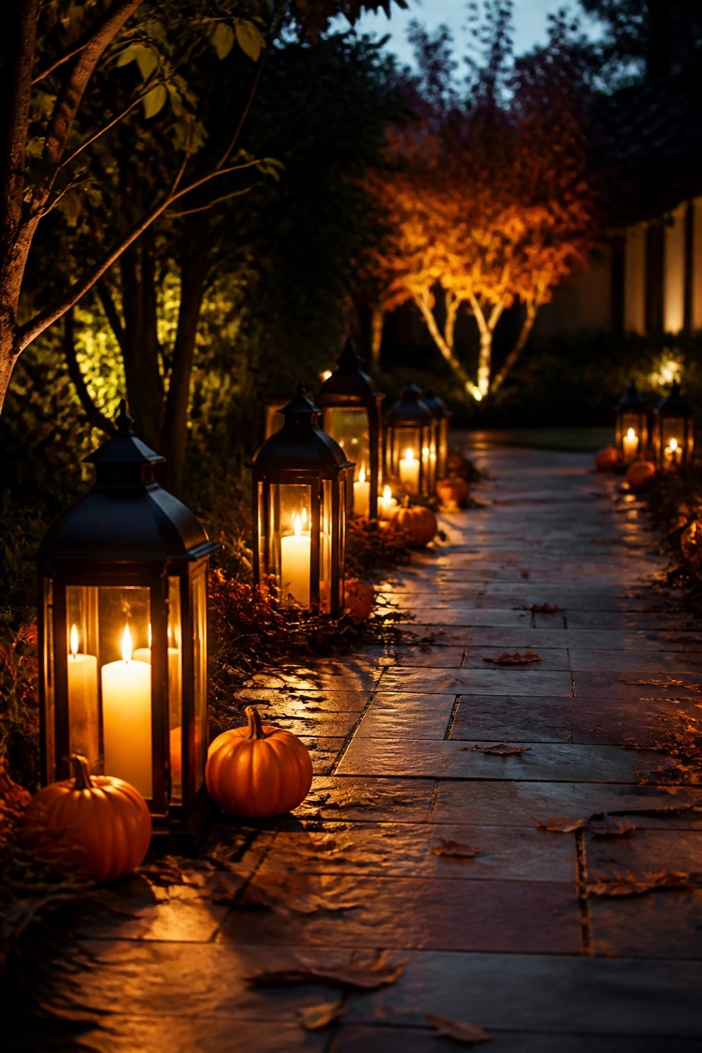 Stone walkway lined with black metal lanterns holding lit candles and scattered orange pumpkins in an outdoor garden setting at dusk.