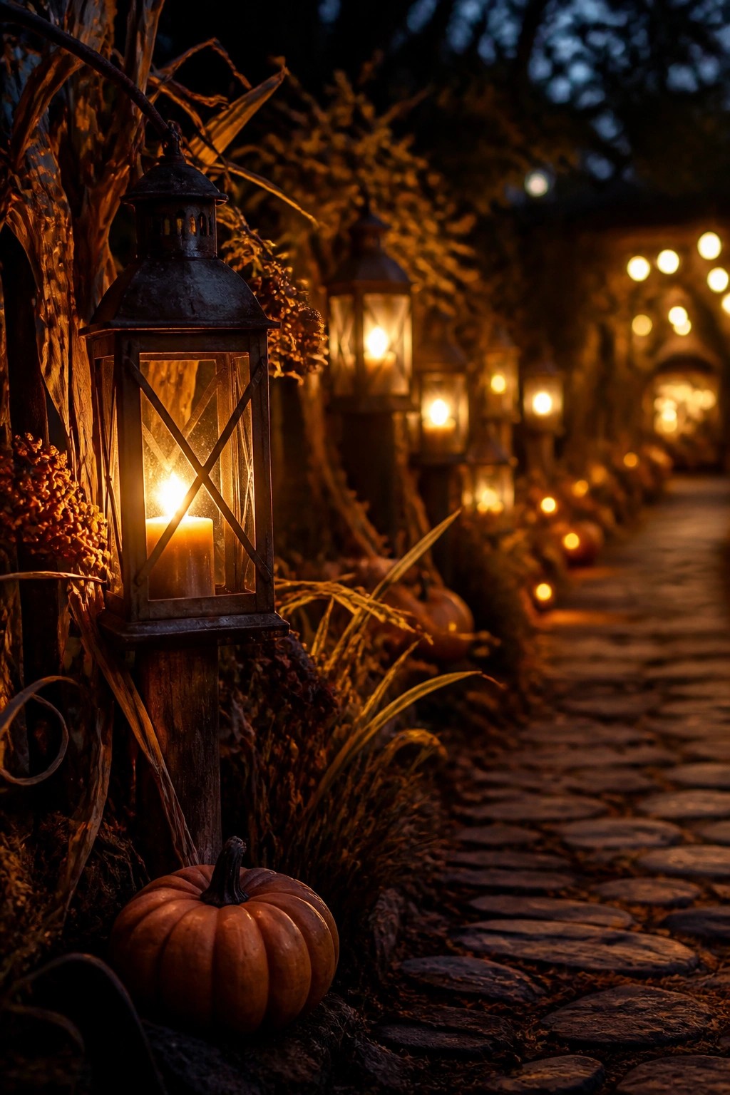 A cobblestone garden path lined with dark metal lanterns on posts, each holding a lit candle, with pumpkins placed along the edges at dusk.