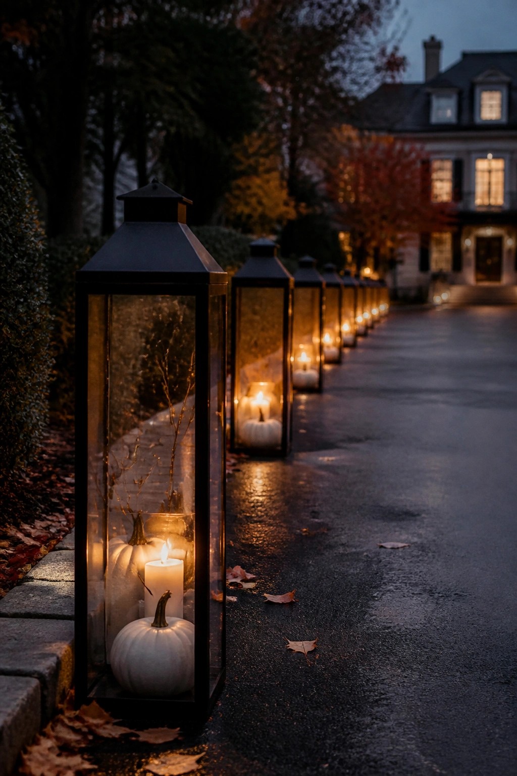 Row of black lanterns holding lit candles and small white pumpkins along a paved outdoor walkway leading to a house at dusk.
