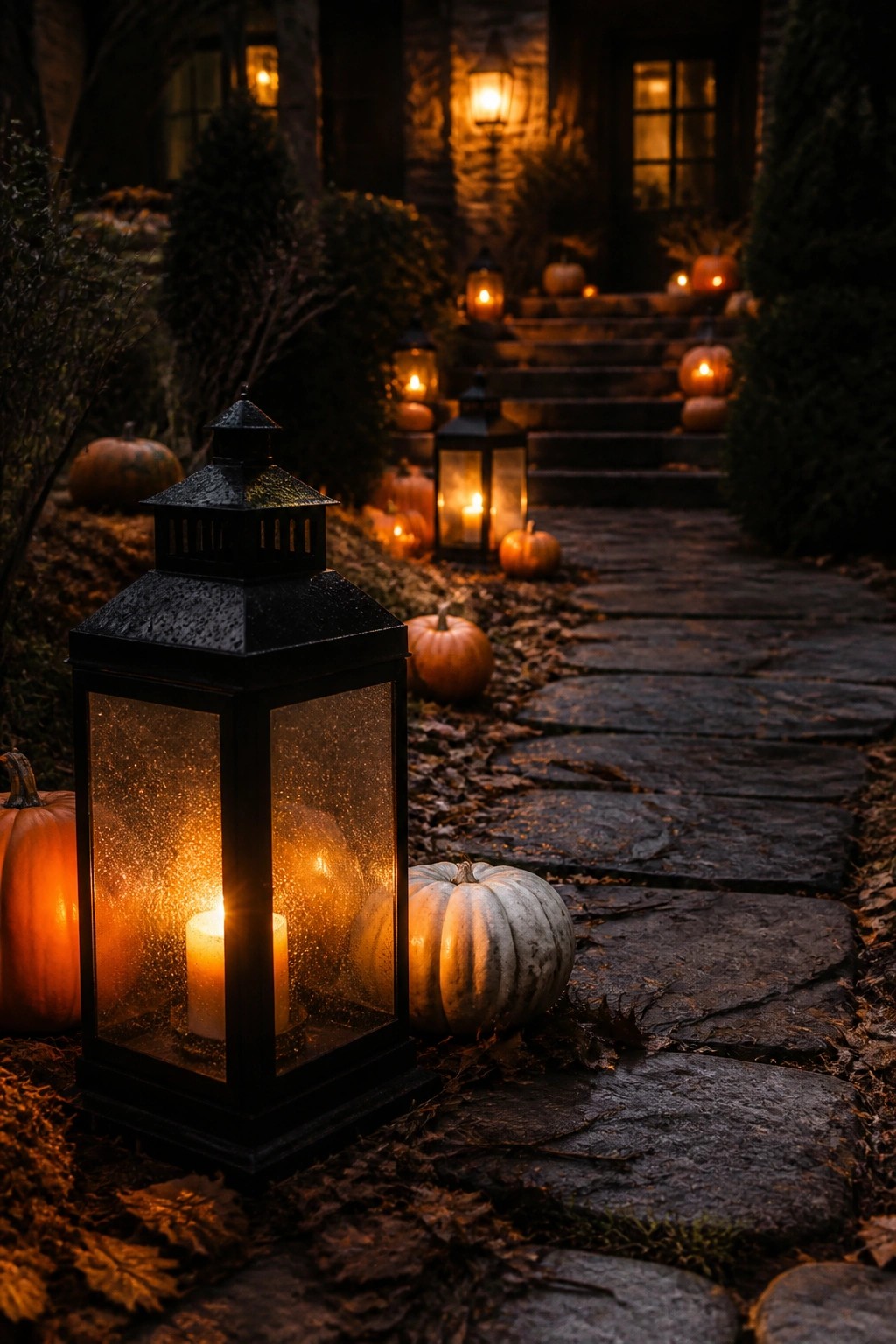 Stone path lined with glowing black lanterns and scattered pumpkins leading to a house entrance at night.