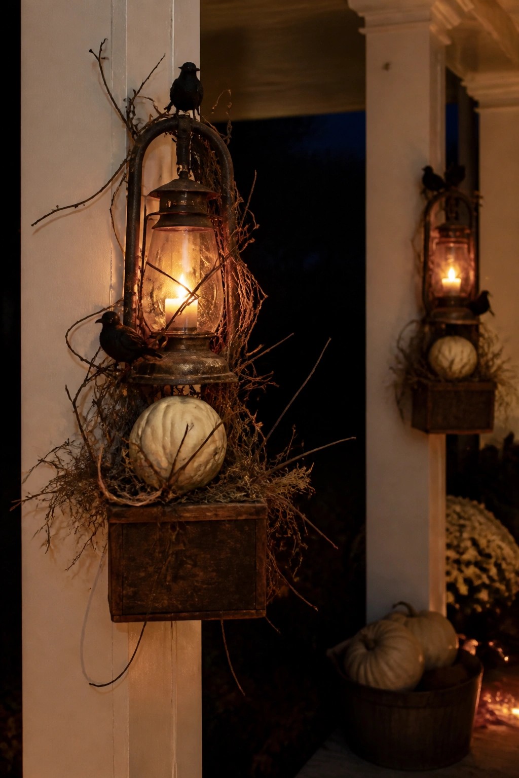 Two rustic lanterns mounted on white porch posts, one large with a lit candle, black crows, twigs, and a white pumpkin in a wooden box.