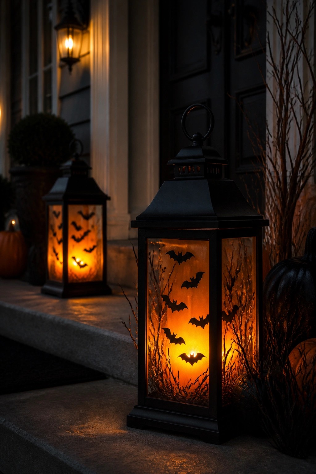Black lanterns with glowing bat silhouettes sit on concrete porch steps beside dark pumpkins and bare branches.