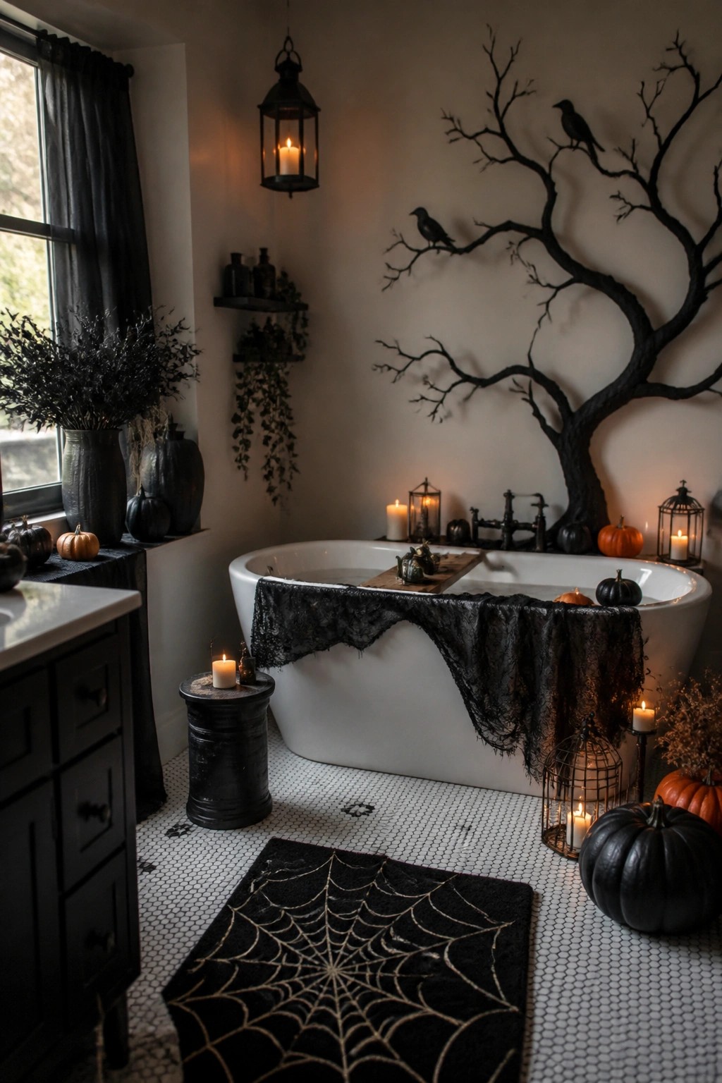White bathtub in a bathroom with a large black tree branch wall decoration holding crows, a spiderweb rug on the floor, black lace over the tub, and scattered pumpkins and candles.
