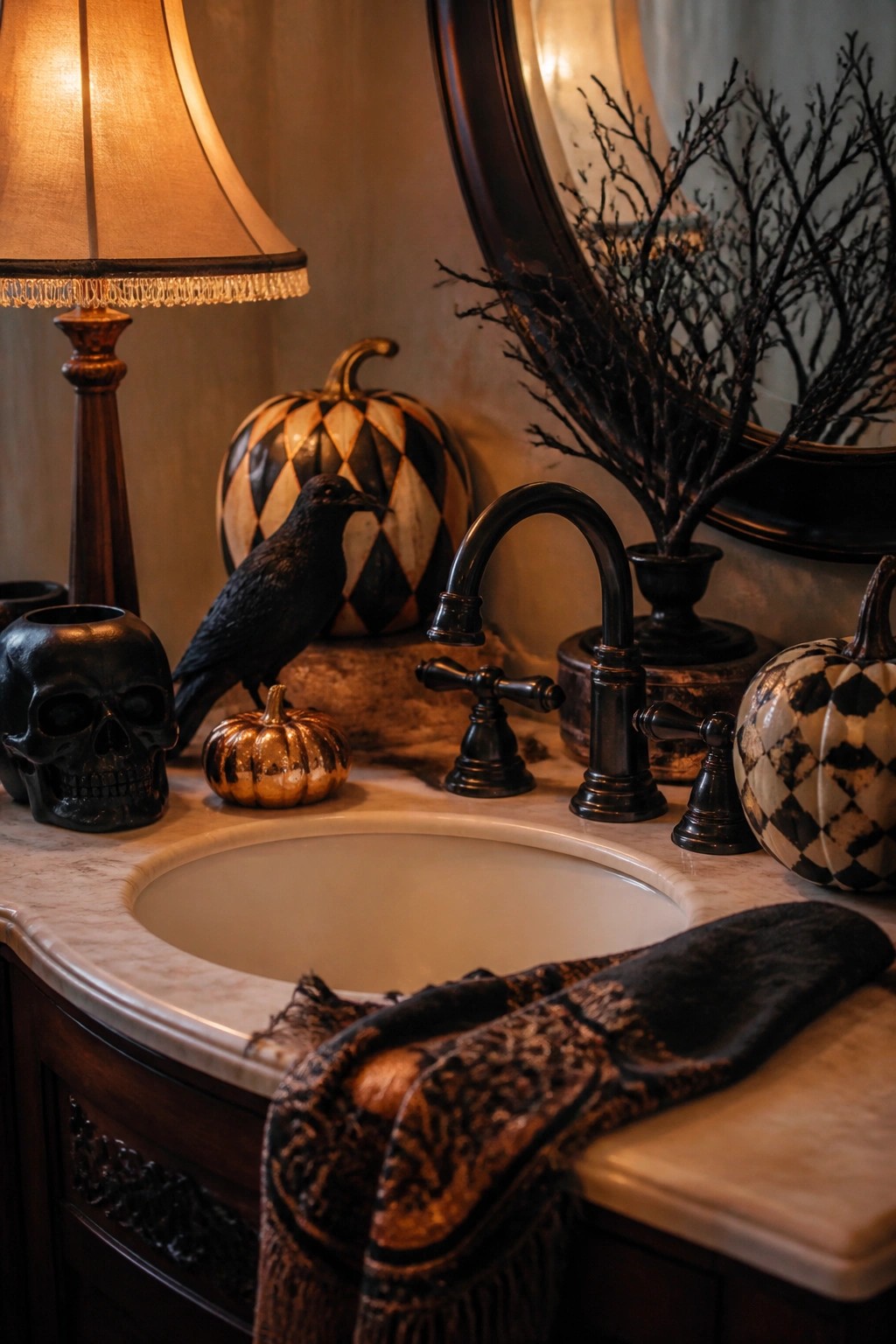 Bathroom vanity with a black skull, crow figurine, dark branches, and patterned pumpkins arranged around a marble sink.