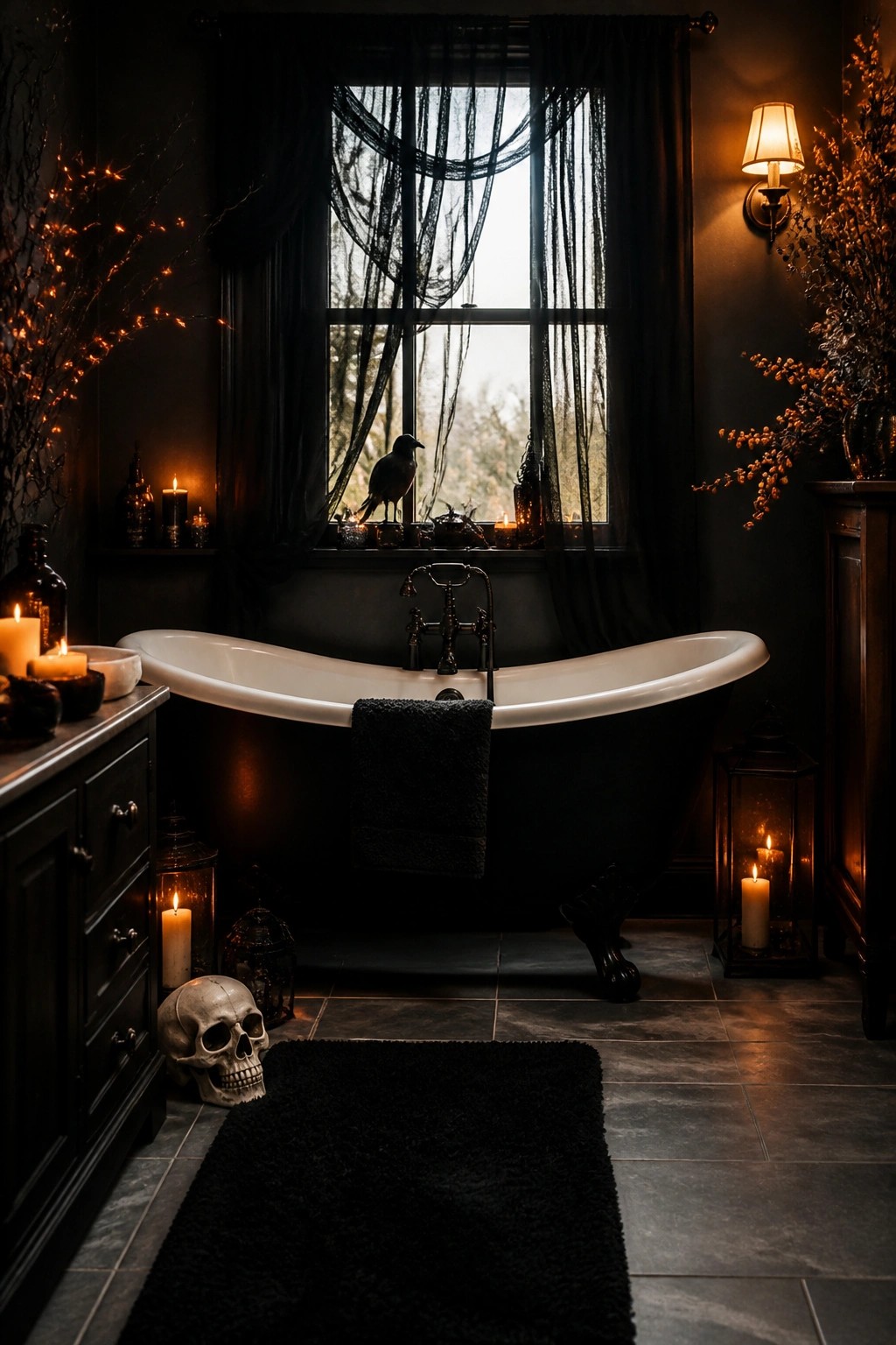 A bathroom with a black clawfoot tub, a decorative crow on the windowsill, a skull on the floor, and multiple lit candles in lanterns.