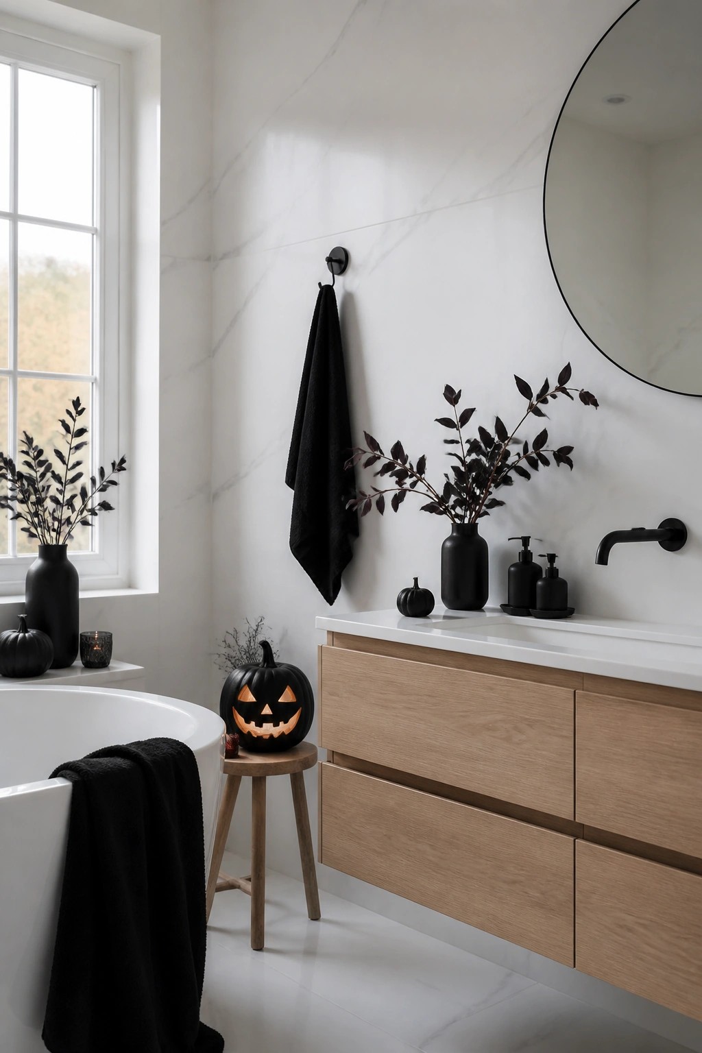 Modern bathroom featuring a glowing jack o lantern on a wooden stool beside a white bathtub and light wood vanity.