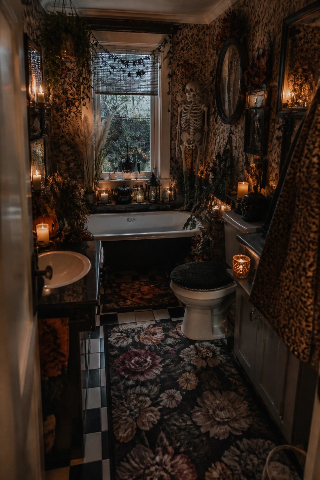 Bathroom with a standing skeleton positioned beside the bathtub, surrounded by candles, pumpkins, and dark floral decor.