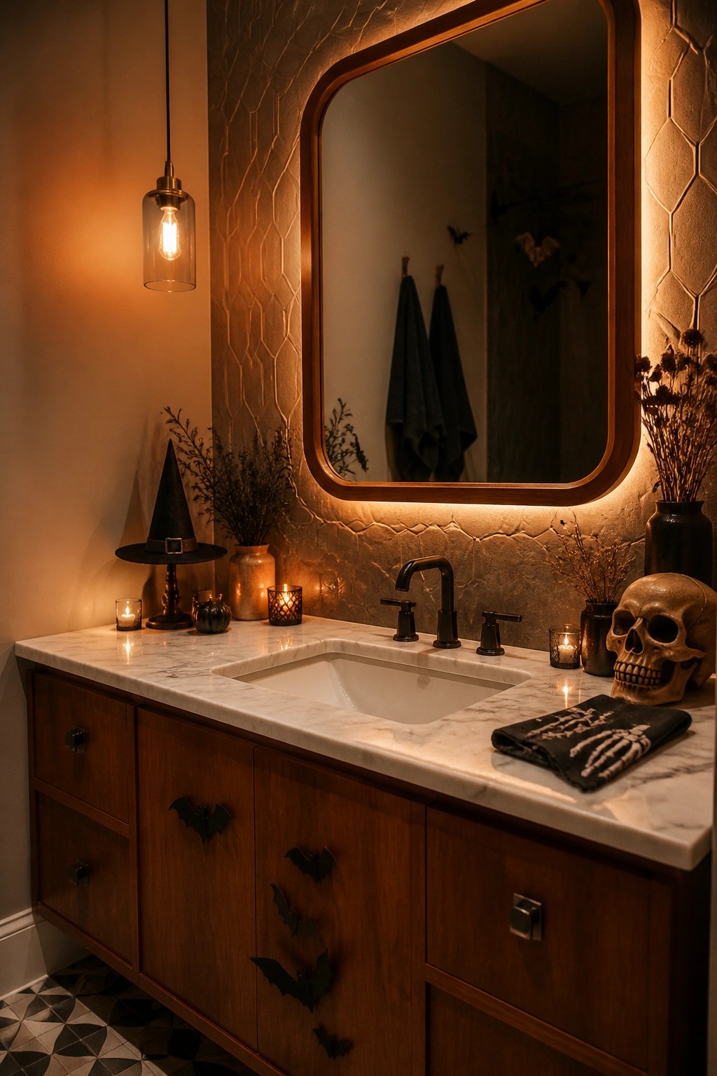 Halloween bathroom vanity with marble sink, skull, bat decor, candles, and witch hat.