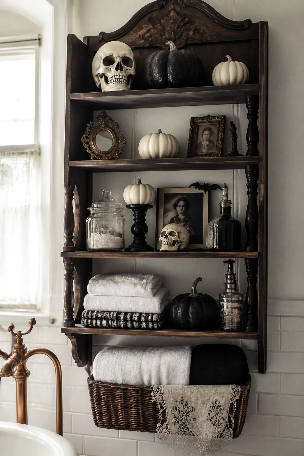 Bathroom with dark wooden open shelves holding skulls, pumpkins, framed photos, and glass jars above a basket of towels.