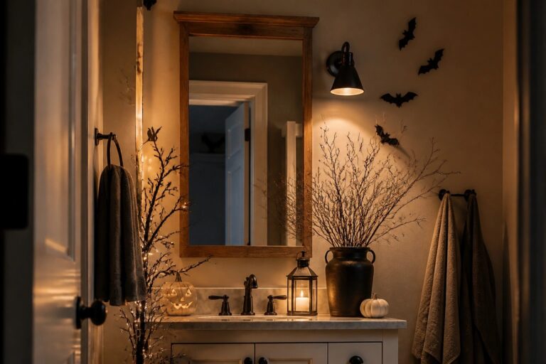 Bathroom vanity with white cabinets and marble top styled with a black skull, vase of dark branches, small pumpkin, and lit candles.