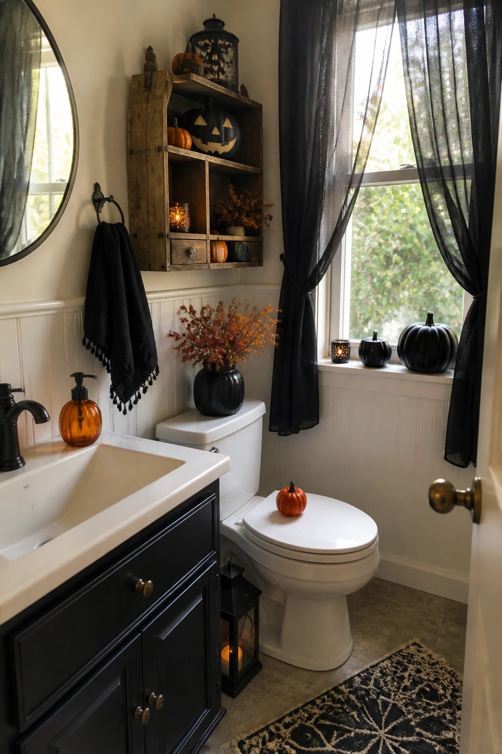 A bathroom with jack o lanterns and black pumpkins arranged on a wooden wall shelf and a windowsill next to a white toilet.