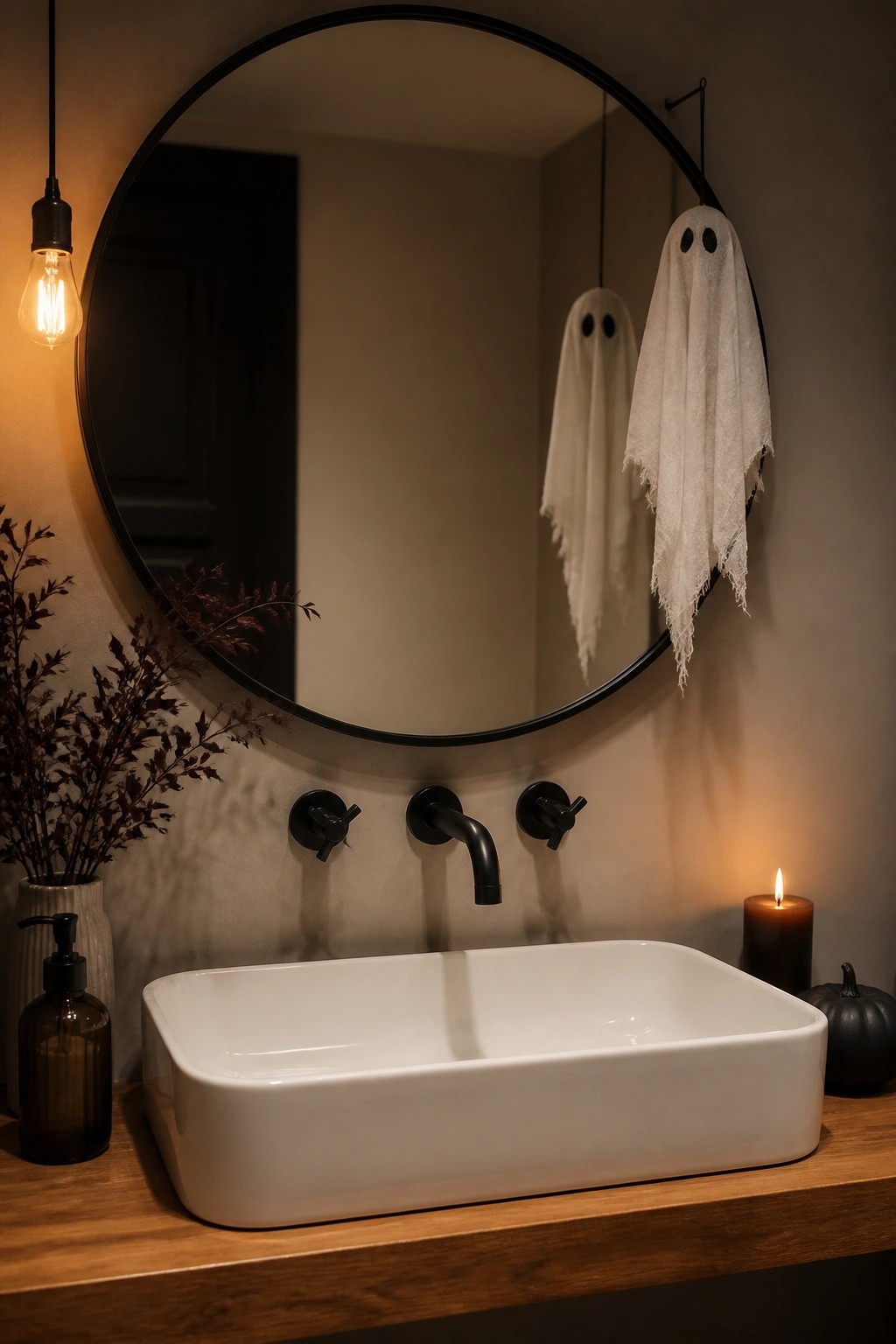 Bathroom vanity with a white rectangular sink on a wood counter, black faucet, round mirror, and two hanging white fabric ghosts with eye holes.