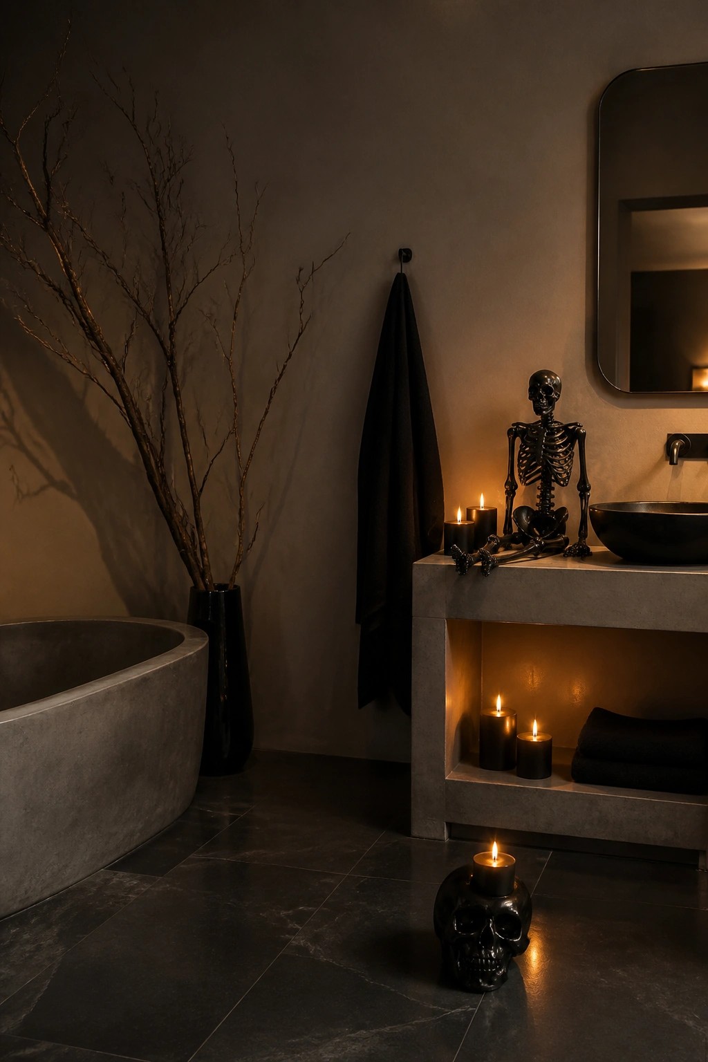 Bathroom vanity with a black skeleton figure posed on the concrete counter next to black candles and a bowl sink.
