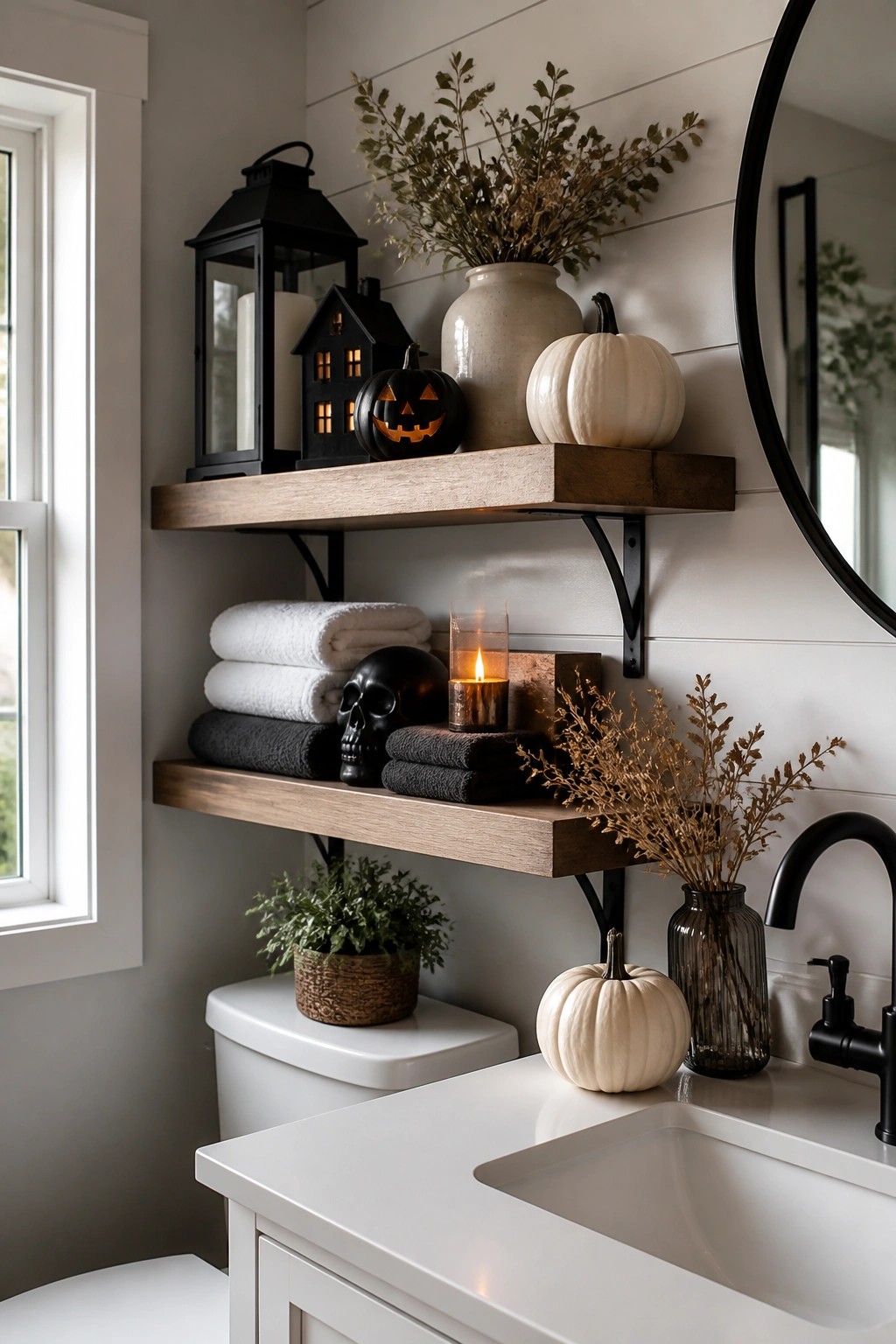 Bathroom with two floating wood shelves holding a glowing jack o lantern, black skull, black lantern, and white pumpkins above a white sink and toilet.