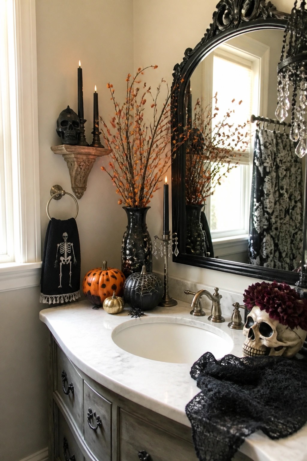 Bathroom vanity decorated with a skull wearing flowers, a skeleton towel, black pumpkins, and a skull on a wall shelf.