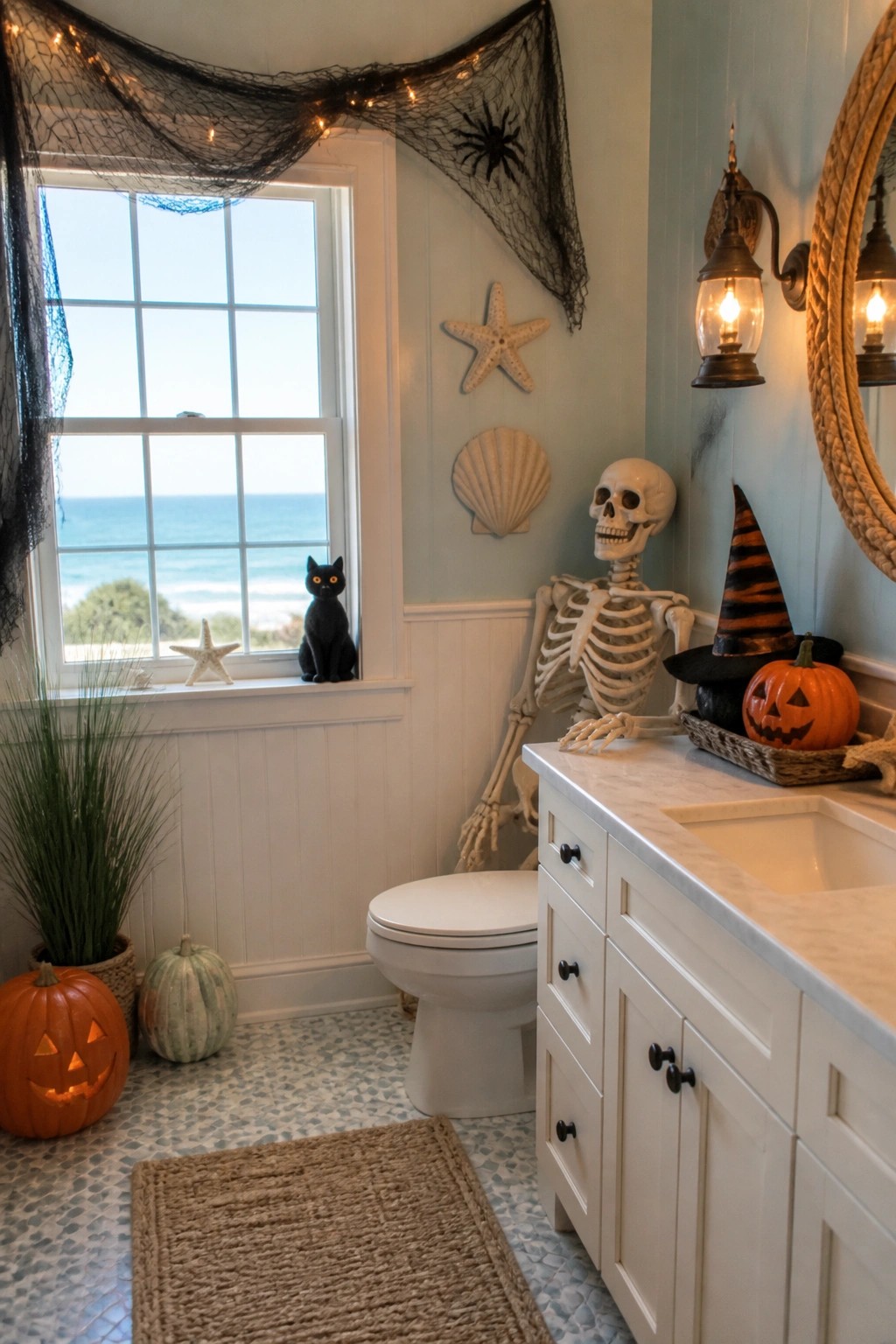 Bathroom with a skeleton posed on the floor next to the toilet, a black cat on the windowsill, and pumpkins on the floor.