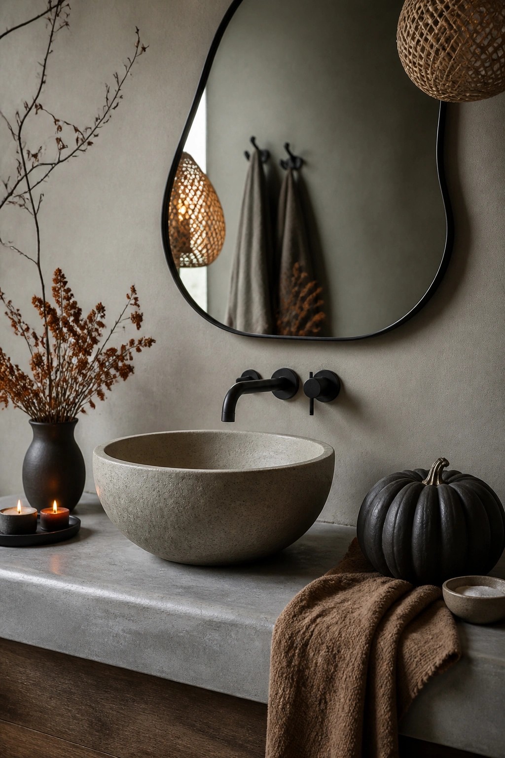 Round concrete sink on gray vanity with black faucet, mirror, and autumn decor