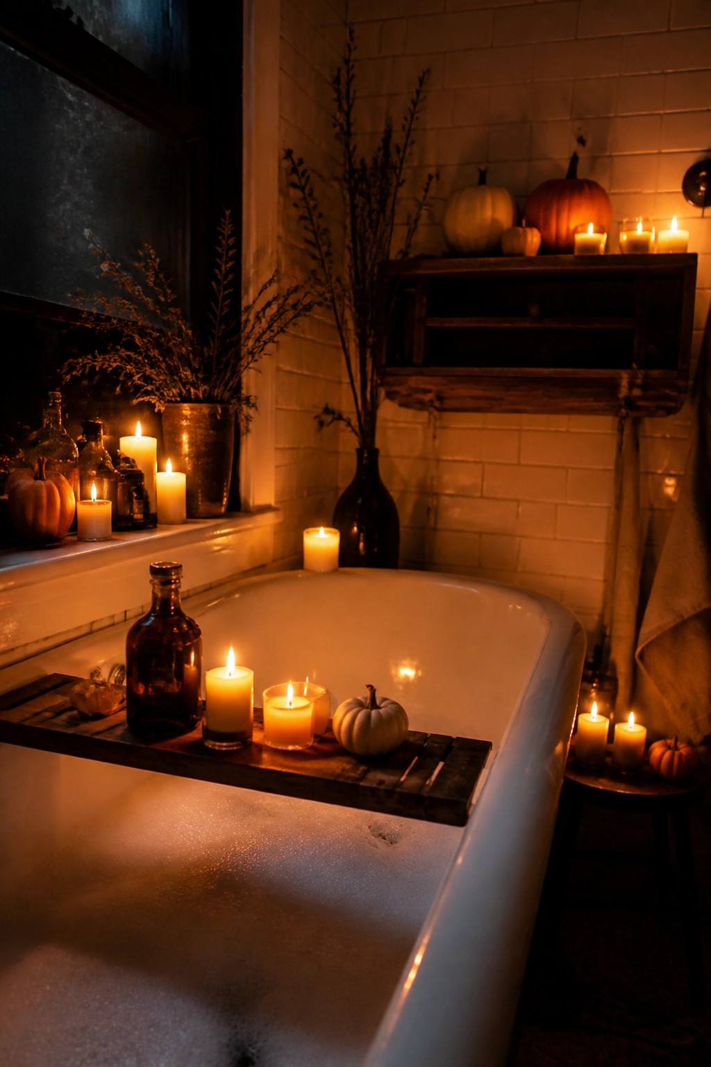 White bathtub with a wooden tray holding lit candles and a small white pumpkin, surrounded by more candles and pumpkins on nearby ledges.