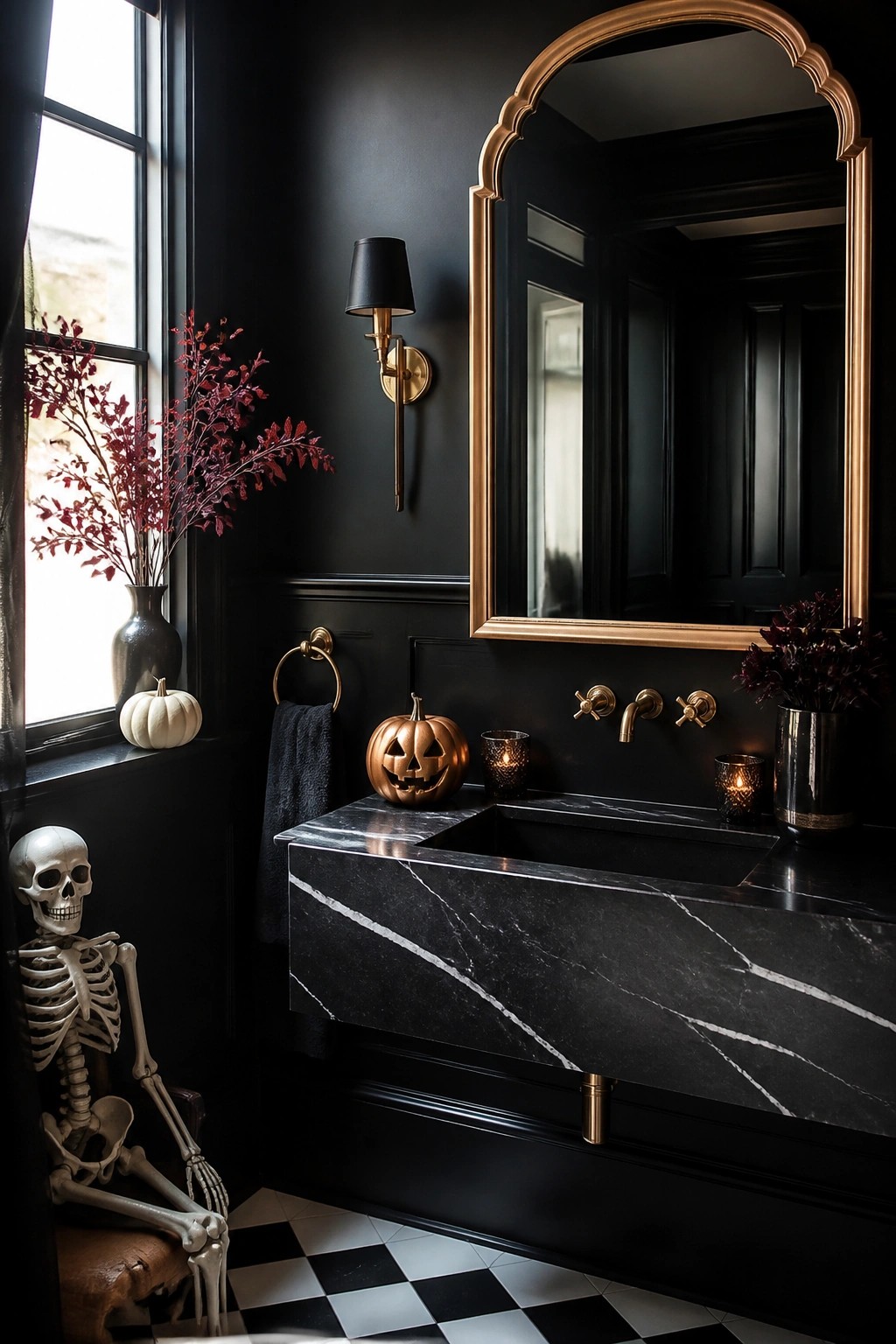 A black bathroom featuring a decorative skeleton seated on a stool by the window and a jack-o'-lantern on the marble sink.