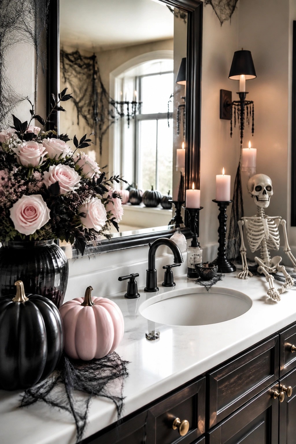 Bathroom vanity with a white skeleton figure, black candles, spiderwebs, and a black vase of pink roses on a marble counter.