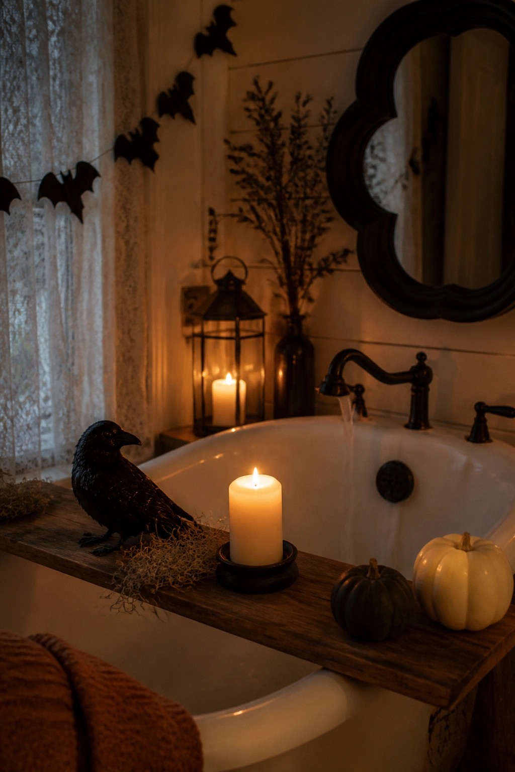 Bathroom with a wooden bath tray holding a black crow figurine, lit candles, and small pumpkins, plus a string of black bats on the wall above the tub.
