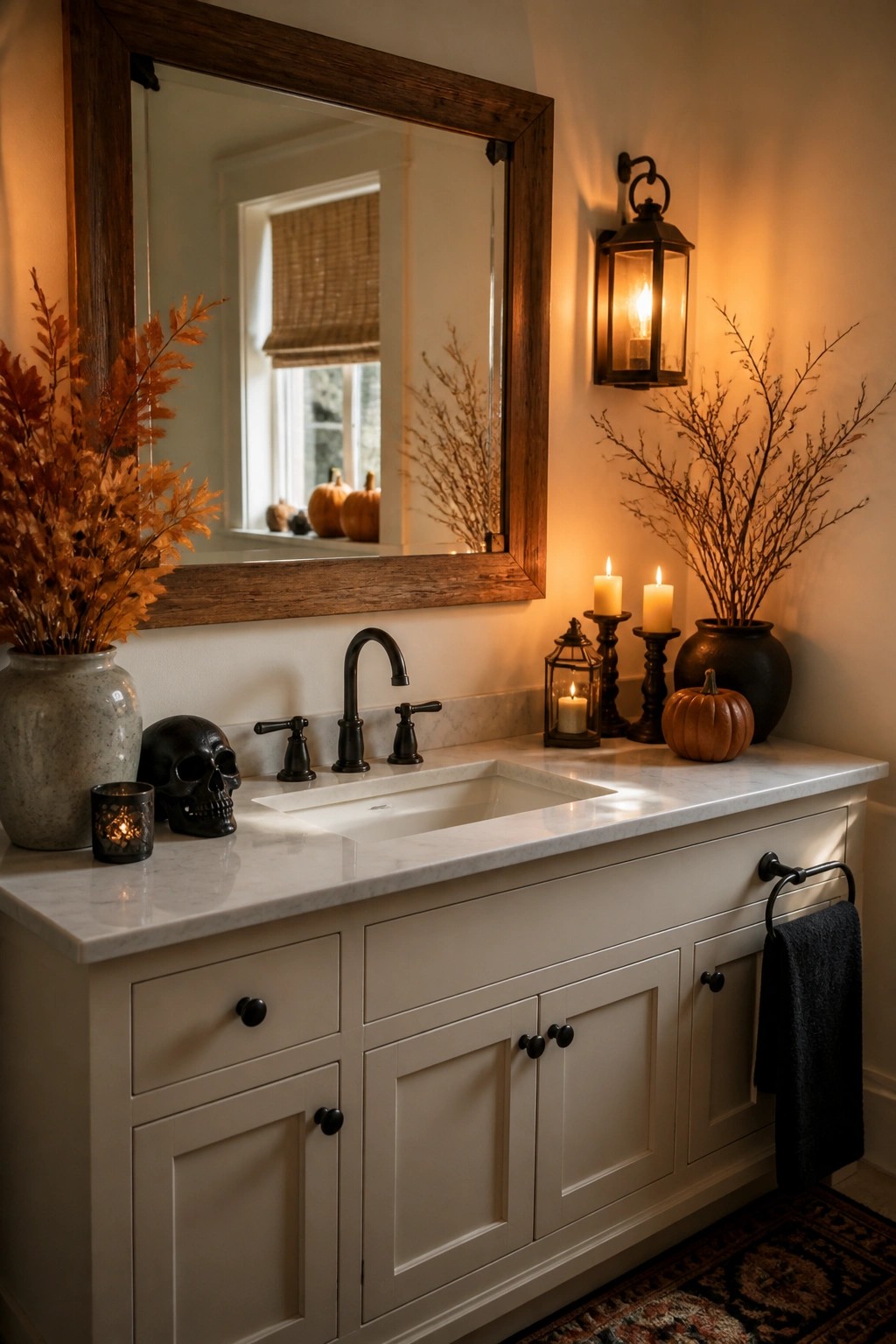 Bathroom vanity with white cabinets and marble top styled with a black skull, vase of dark branches, small pumpkin, and lit candles.