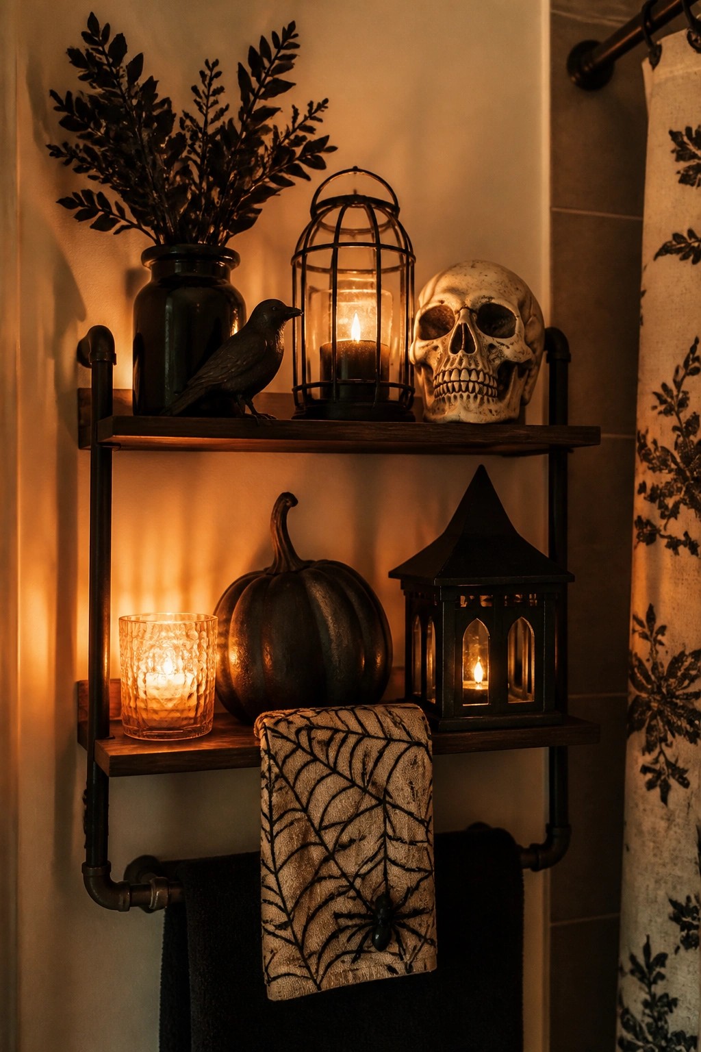 Bathroom shelves styled with a skull, black crow, dark pumpkin, and lit lanterns next to a spiderweb towel.