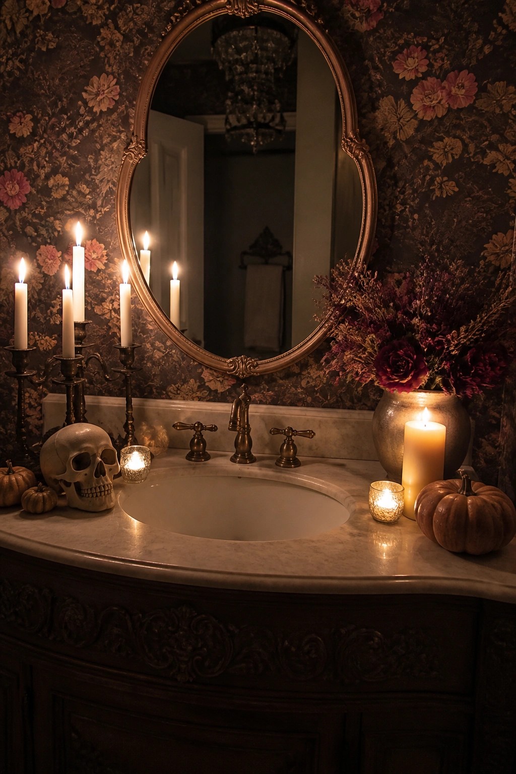 Gothic vanity with skull, lit candles, pumpkins, and dark floral wallpaper.