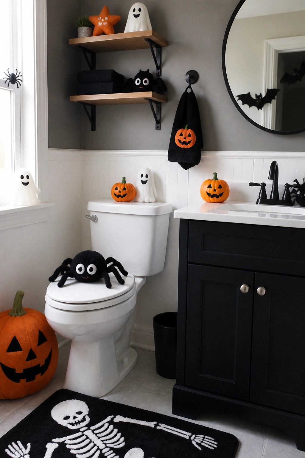 Halloween bathroom with pumpkins, ghosts, black spider on toilet, skeleton rug, and black vanity.