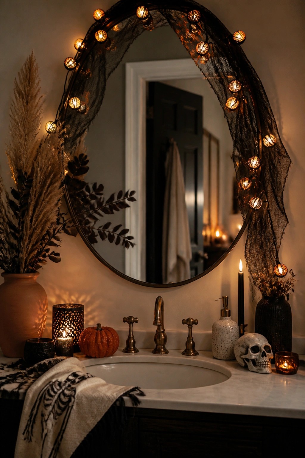 Bathroom sink area with a round mirror framed by string lights wrapped in black lace, plus a skull, black candle, and small pumpkin on the counter.