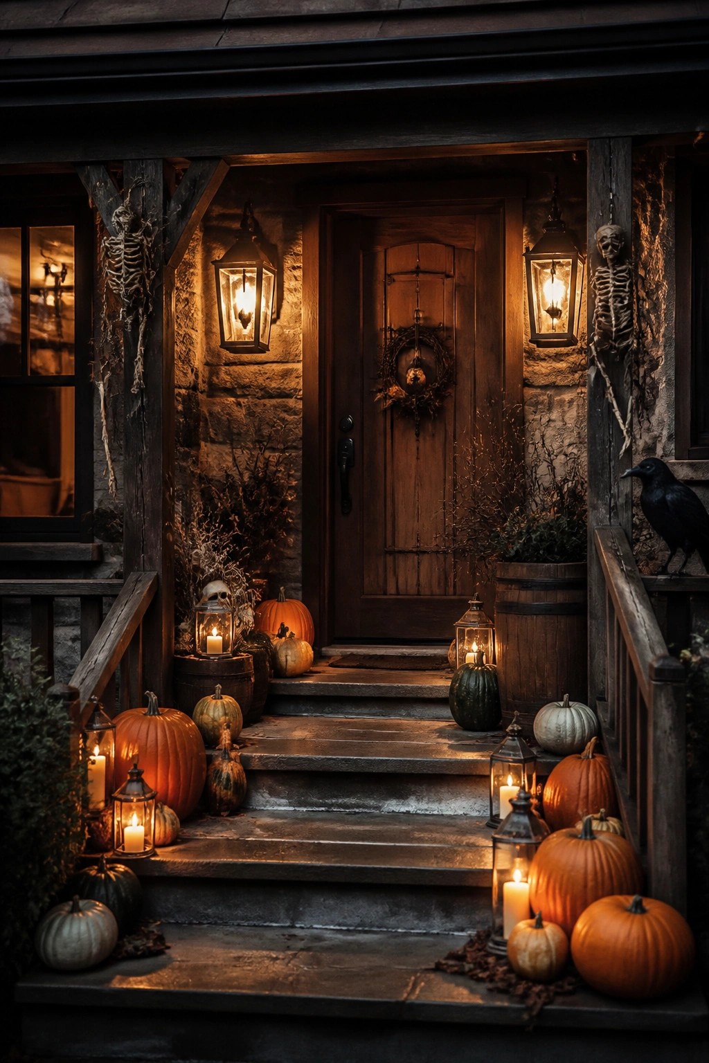 Front porch entrance with two skeletons positioned on the wooden posts, glowing lanterns, and clusters of pumpkins arranged on the stone steps leading to a dark wooden door.