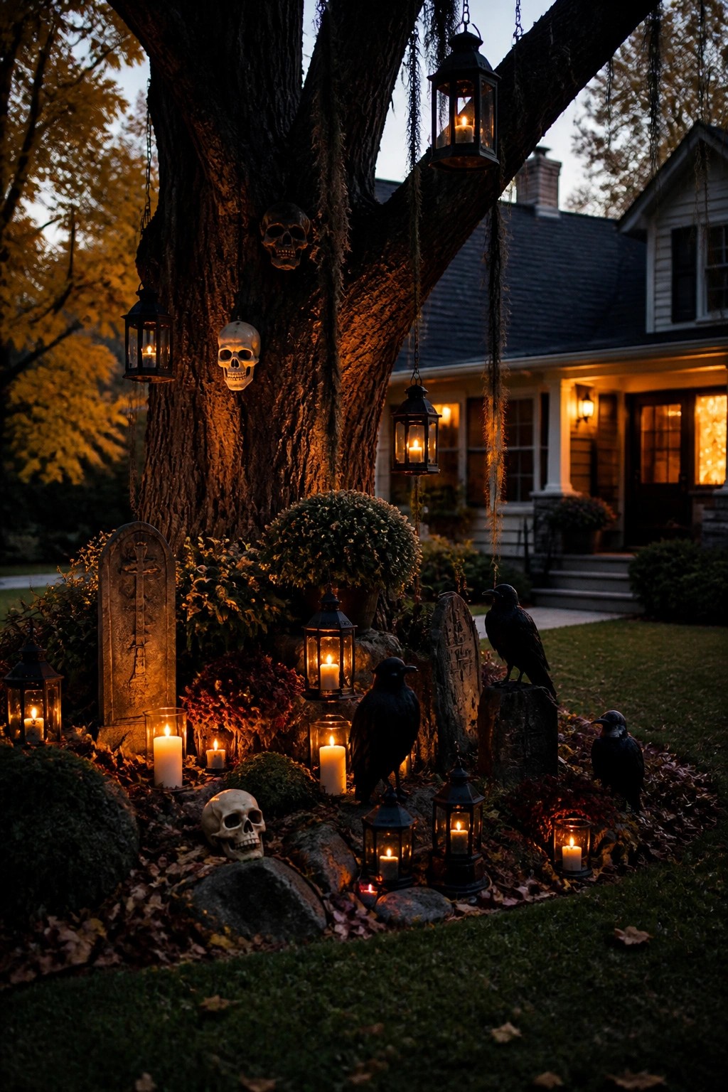 Large tree in a front yard set up as a Halloween graveyard with hanging skulls, tombstones, black crows, and lanterns among rocks and leaves.