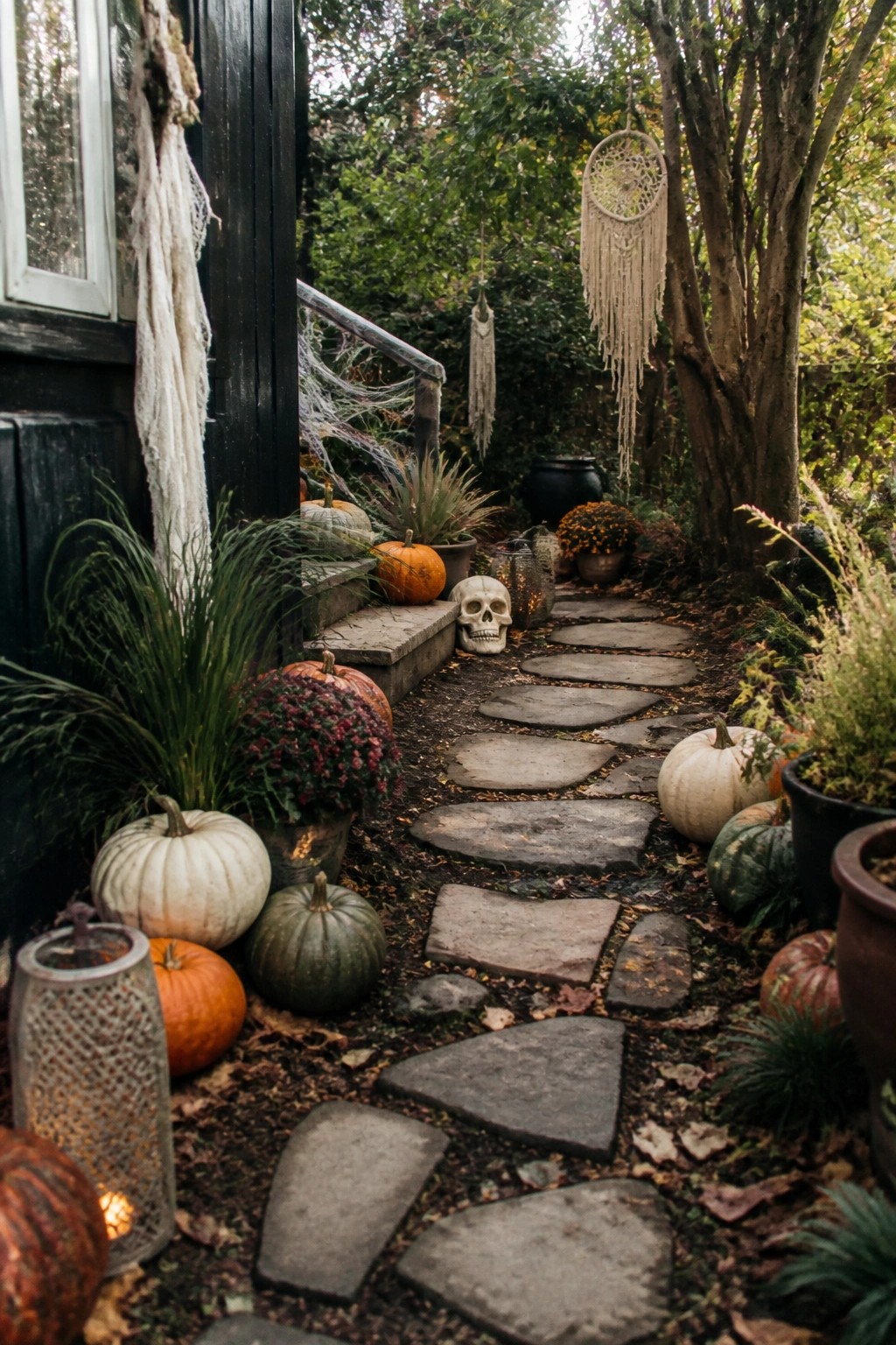 Stone path outside a house lined with white, orange, and green pumpkins, a skull, spiderwebs on steps, and lanterns.