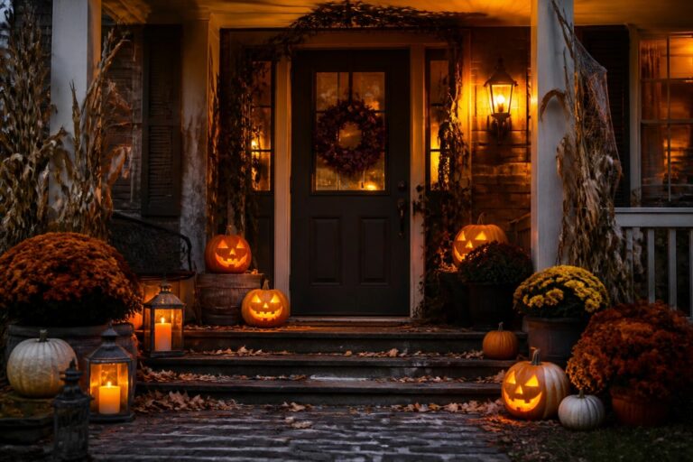 Front porch entrance with two skeletons positioned on the wooden posts, glowing lanterns, and clusters of pumpkins arranged on the stone steps leading to a dark wooden door.