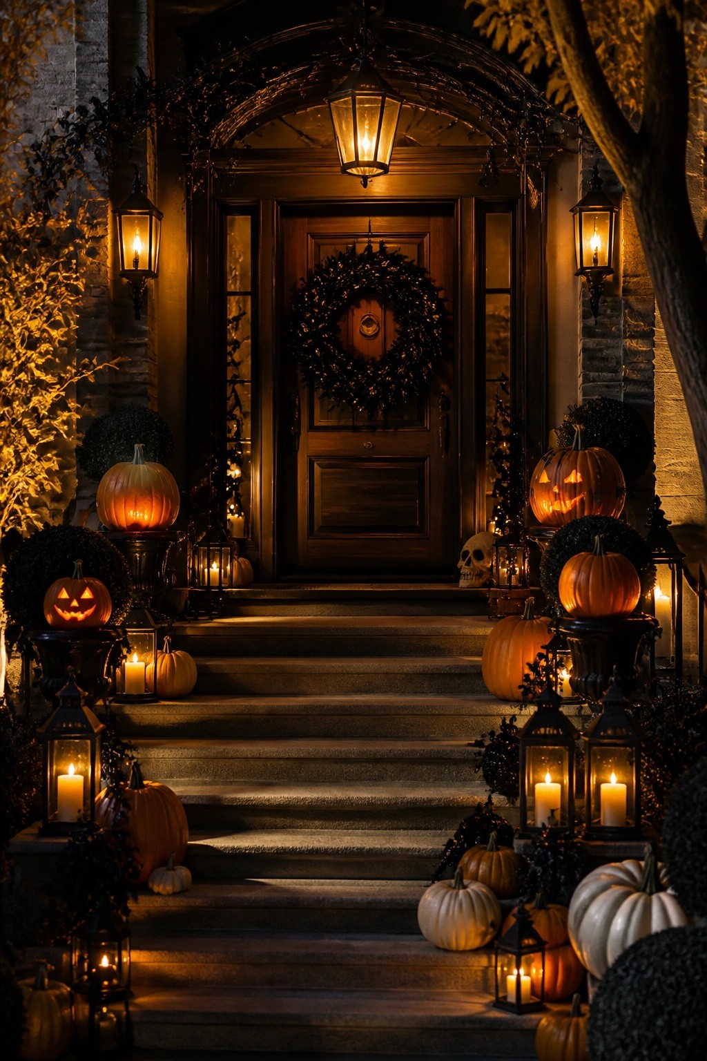 Front entrance with carved jack o lanterns and lanterns arranged along the stone steps leading to a dark wooden door.