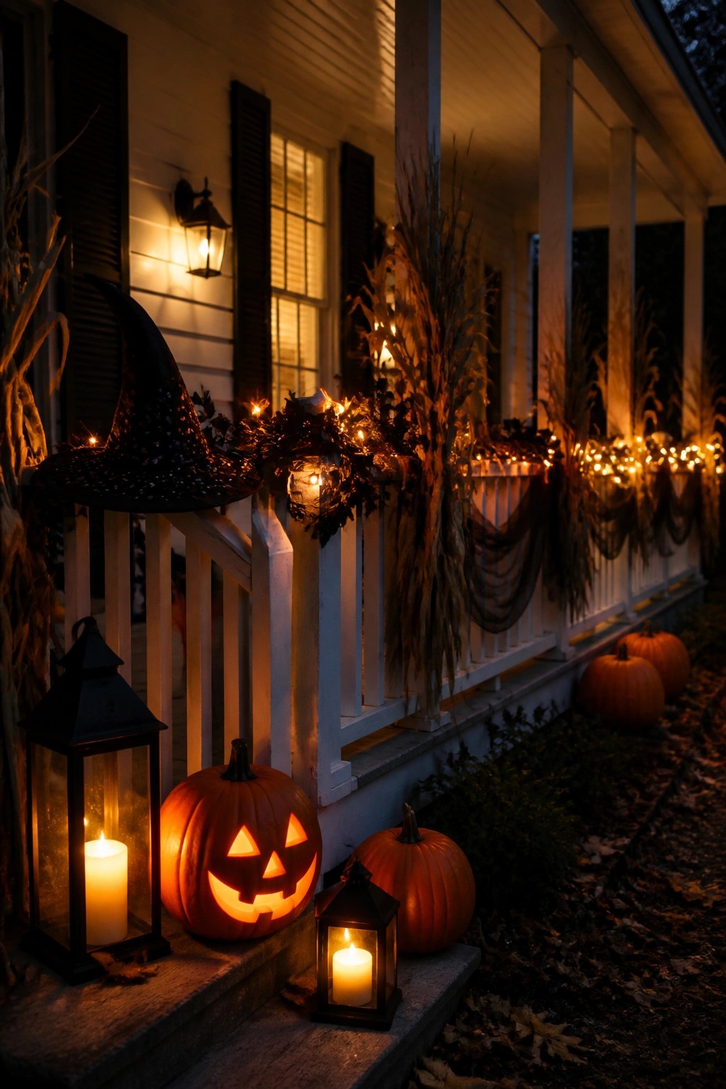 Front porch steps lined with carved jack o lanterns, black lanterns holding lit candles, and a witch hat resting on the railing at night.